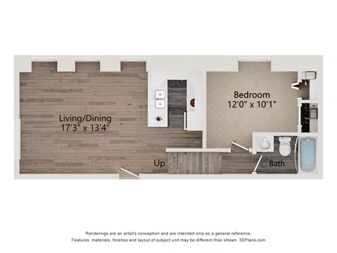 Floor plan for 1 bed, 1 bath, 553 sqft